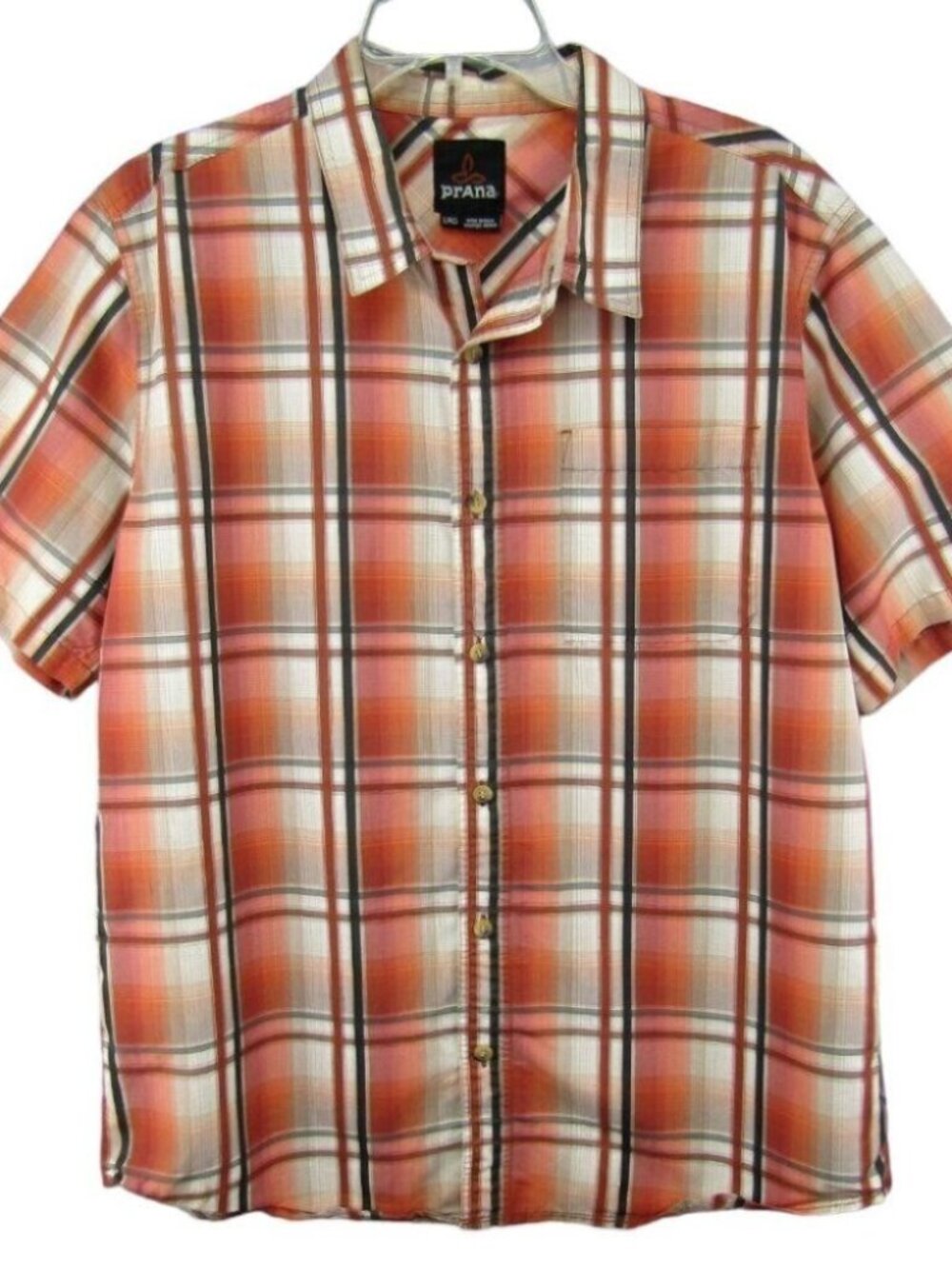 Prana Orange Gray Plaid Short Sleeve Button Up Camp Shirt Mens Size L Pocket